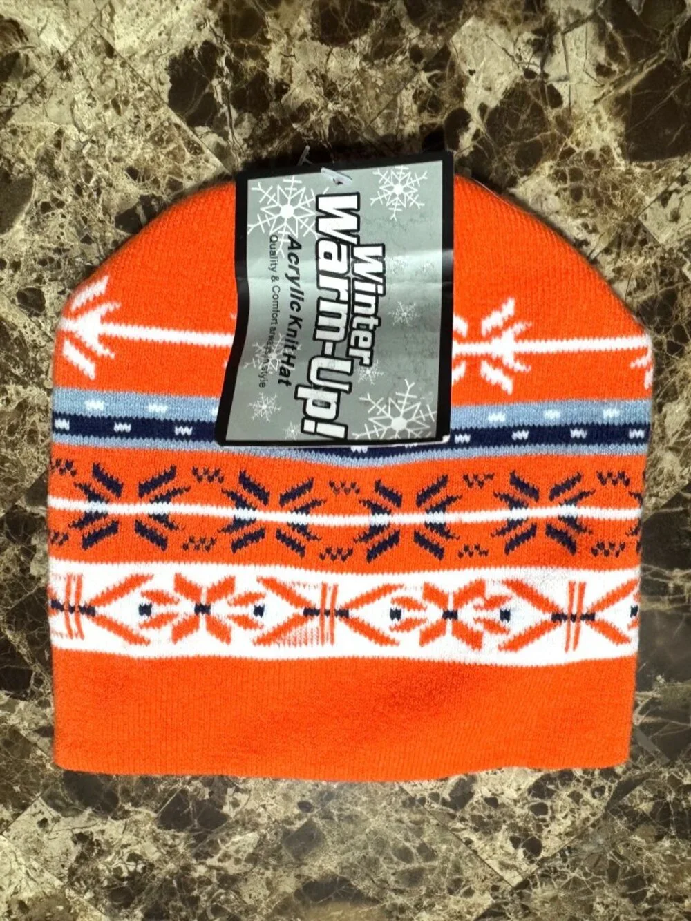 Winter Warm-Up Kids Acrylic Knit Hat Orange Snowflake Pattern